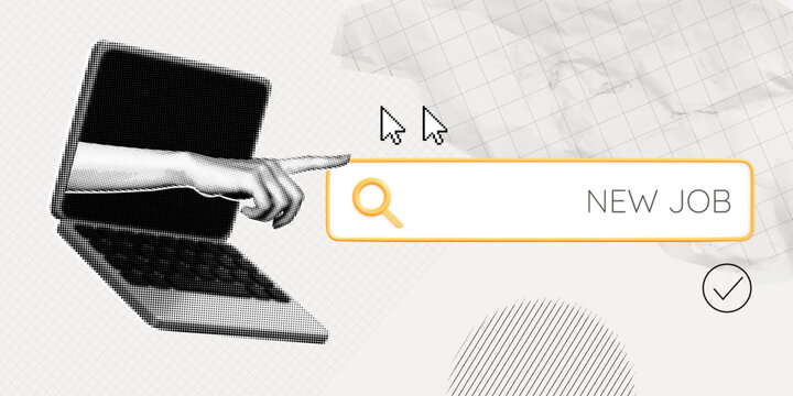 Trendy Halftone Collage Hand from computer monitor screen points to search bar. Online hiring job. Career training. Job vacancy open. Seo management. Contemporary vector illustration art