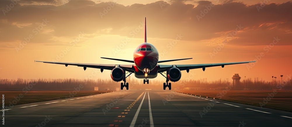 Poster A commercial aircraft landing on a runway with the sun setting in the background. with copy space image. Place for adding text or design