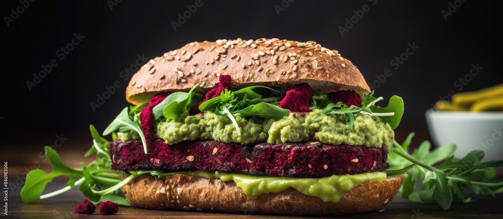 Poster close-up image of a delicious vegan beet and quinoa burger topped with fresh avocado dressing. with 
