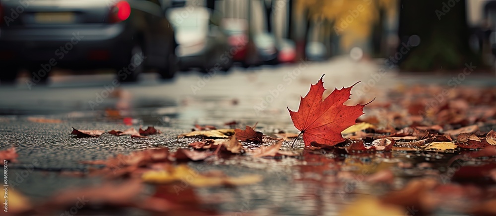 Aufkleber car parked next to a fallen leaf on a street in the autumn season, capturing the essence of the seas