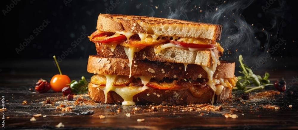 Poster a detailed shot of a sandwich featuring cheese and tomato slices placed on a wooden table surface. w