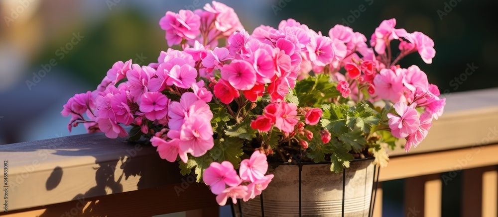 Poster Purple flowers thriving in a metallic container placed on a wooden railing. with copy space image. Place for adding text or design