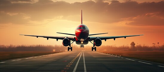 Naklejka premium A commercial aircraft landing on a runway with the sun setting in the background. with copy space image. Place for adding text or design