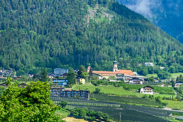 Dorf Tirol, Weinberge, Obstbäume, Apfelbäume, Kirche, Johanneum, Waalweg, Wanderweg, Naturpark, Vinschgau, Etschtal, Südtirol, Erntezeit, Frühling, Sommer, Italie