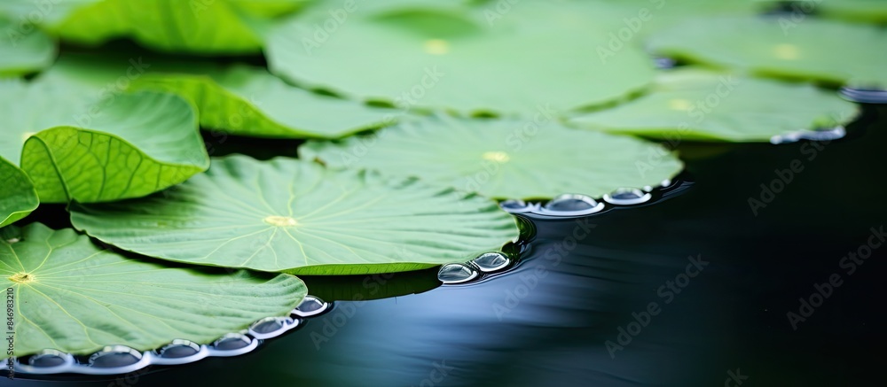Leinwandbilder various vibrant green leaves clustered together, gently floating on the serene surface of a pond. wi