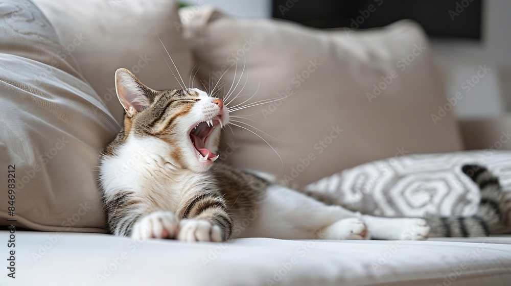 Poster brown and white cat yawning on a sofa close up : generative ai