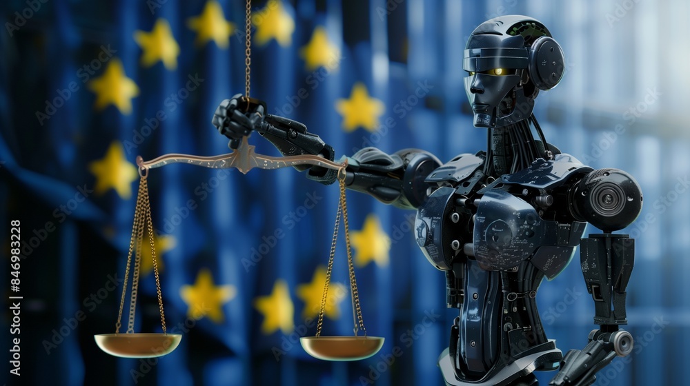 Poster a stack of documentation on a wooden table with written ai regulation, highlighting eu laws and poli