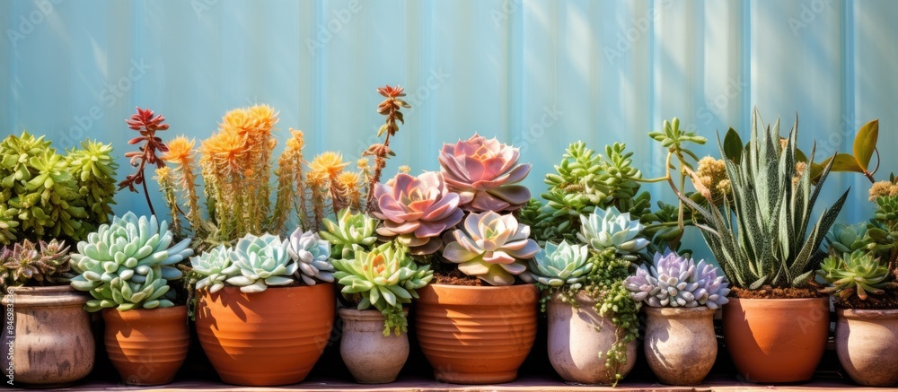 Poster several potted plants arranged on shelves, with succulent plants thriving in a sunny patio garden se