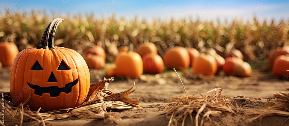Leinwandbilder vibrant pumpkins scattered across a field under a bright, clear blue sky, creating a picturesque aut