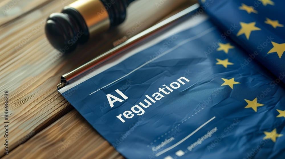 Poster a stack of documentation on a wooden table with written ai regulation, highlighting eu laws and poli