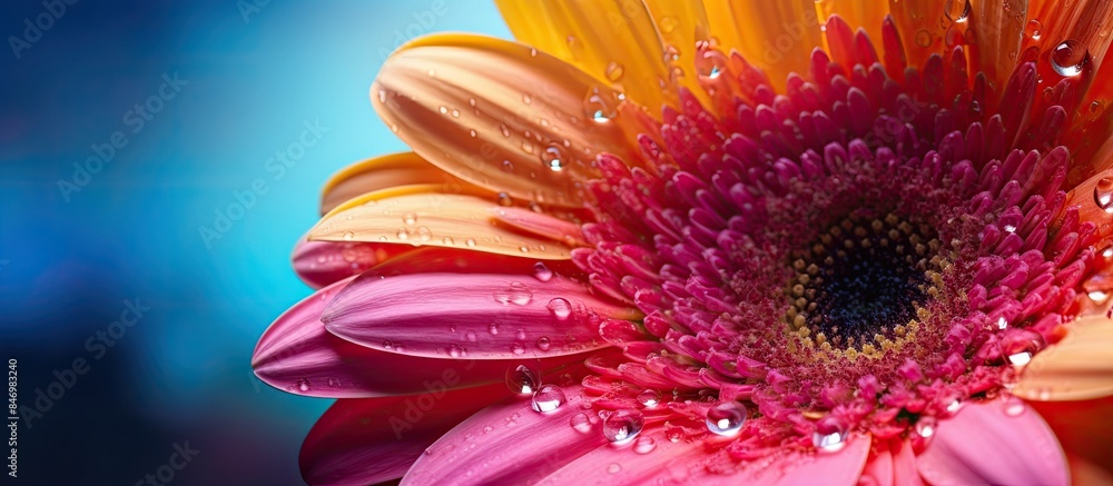 Poster Vibrant gerbera flower up close showing its vivid colors and water droplets against a blue background. with copy space image. Place for adding text or design