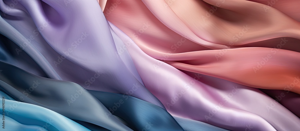 Poster Various colored fabrics seen in a close-up view, creating a diverse textile texture background. with copy space image. Place for adding text or design