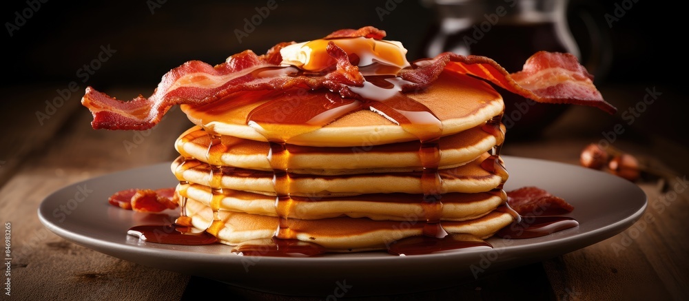 Fototapete delicious pancakes topped with bacon strips and maple syrup for a perfect breakfast treat. with copy