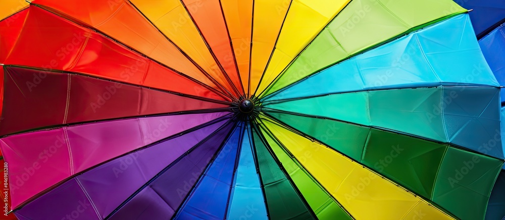 Poster Vibrantly colored umbrella featuring a black handle juxtaposed with a contrasting white handle. with copy space image. Place for adding text or design