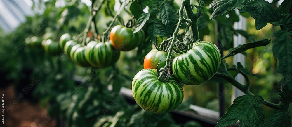 Aufkleber Tomato plants thriving in a controlled greenhouse environment, showcasing vibrant red fruits and healthy green foliage. with copy space image. Place for adding text or design