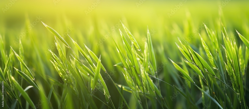 Leinwandbilder lush green grass field illuminated by golden sunlight shining through the blades. with copy space im
