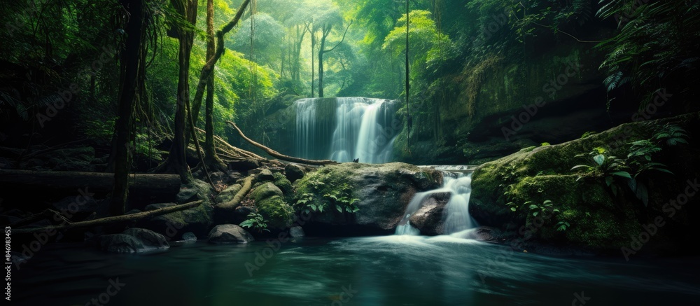 Leinwandbilder water cascades over moss-covered rocks in a verdant jungle setting, creating a serene and picturesqu