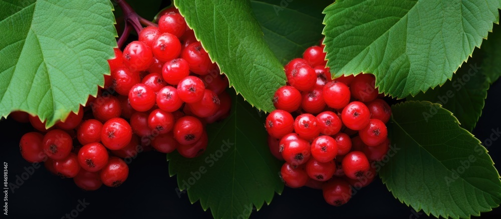 Poster vivid close-up of numerous red berries clustered on a tree, capturing the rich hues and natural beau