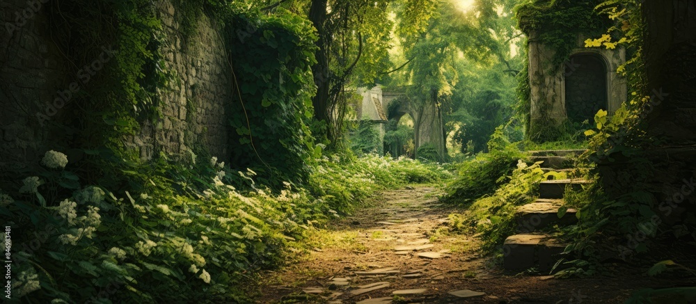 Poster A narrow path winds through the forest, leading to a stone building surrounded by trees. with copy space image. Place for adding text or design