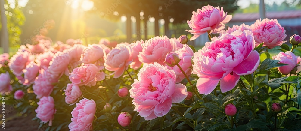 Fototapete Pink peonies, known as Sarah Bernhardt or Paeonia lactiflora, bloom beautifully in a garden with a fence in the background. with copy space image. Place for adding text or design