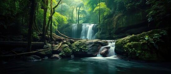 Water cascades over moss-covered rocks in a verdant jungle setting, creating a serene and picturesque scene. with copy space image. Place for adding text or design