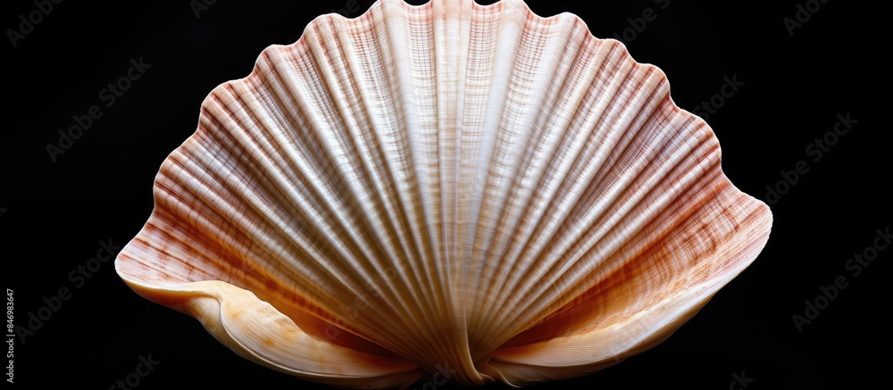 Poster Detailed view of a single sea shell standing out on a dark black background, showcasing intricate textures and patterns. with copy space image. Place for adding text or design
