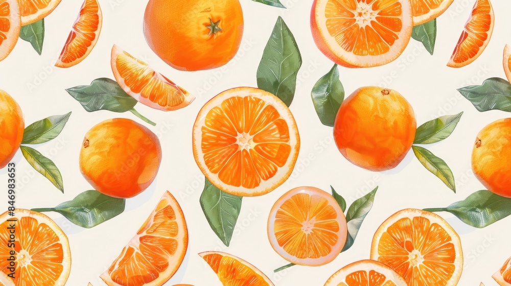 Poster Geometric seamless pattern featuring vibrant orange mandarin slices on a light backdrop