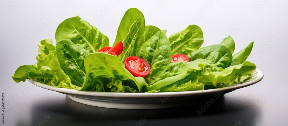 Poster plate with crisp lettuce leaves and juicy red tomatoes resting on a table. with copy space image. pl