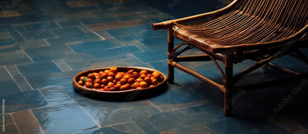 Leinwandbilder bowl of vibrant oranges placed next to a rattan chair on the ground. with copy space image. place fo