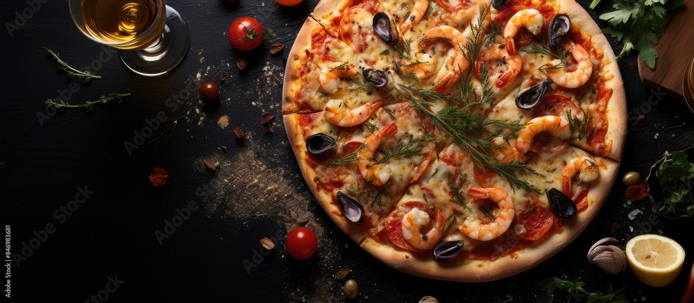 Poster Close-up of a delicious pizza topped with shrimp, olives, and fresh tomatoes, a seafood and fennel combination on a white background. with copy space image. Place for adding text or design