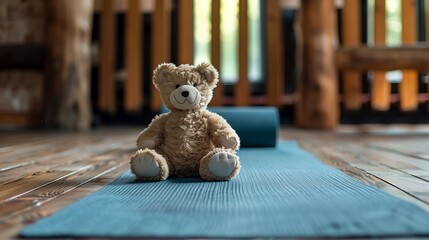 A serene scene of a teddy practicing yoga, embodying harmony and wellness through gentle stretches and mindful breathing, promoting a healthy and balanced lifestyle during pregnancy.