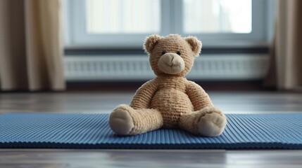 A serene scene of a teddy practicing yoga, embodying harmony and wellness through gentle stretches and mindful breathing, promoting a healthy and balanced lifestyle during pregnancy.