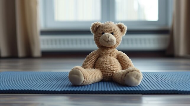 A serene scene of a teddy practicing yoga, embodying harmony and wellness through gentle stretches and mindful breathing, promoting a healthy and balanced lifestyle during pregnancy.