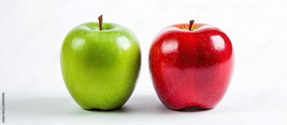 Poster red and green apple positioned next to each other on a plain white background with selective focus. 