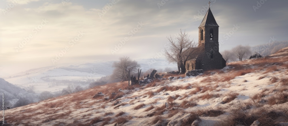 Poster old church, deserted and covered in snow, stands alone at the top of a wintry hill. with copy space 