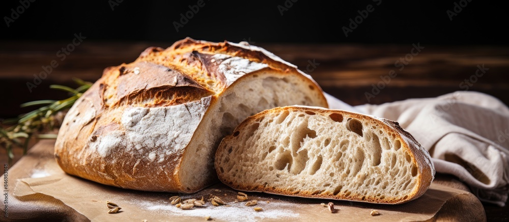 Poster Freshly baked loaf of bread with a single piece cut out, showcasing its soft interior and crusty exterior. with copy space image. Place for adding text or design