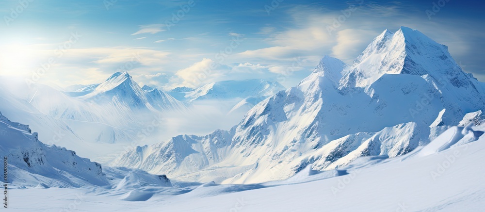 Poster a person gliding down snow-covered mountains on a snowboard, enjoying the fresh powder snow. with co