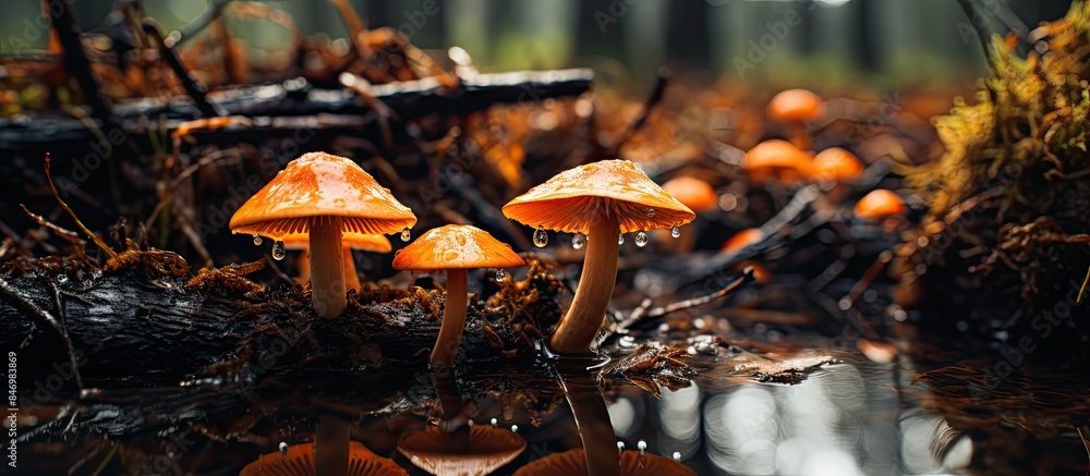 Poster Orange mushrooms emerging from damp forest floor in a beautiful natural setting. with copy space image. Place for adding text or design