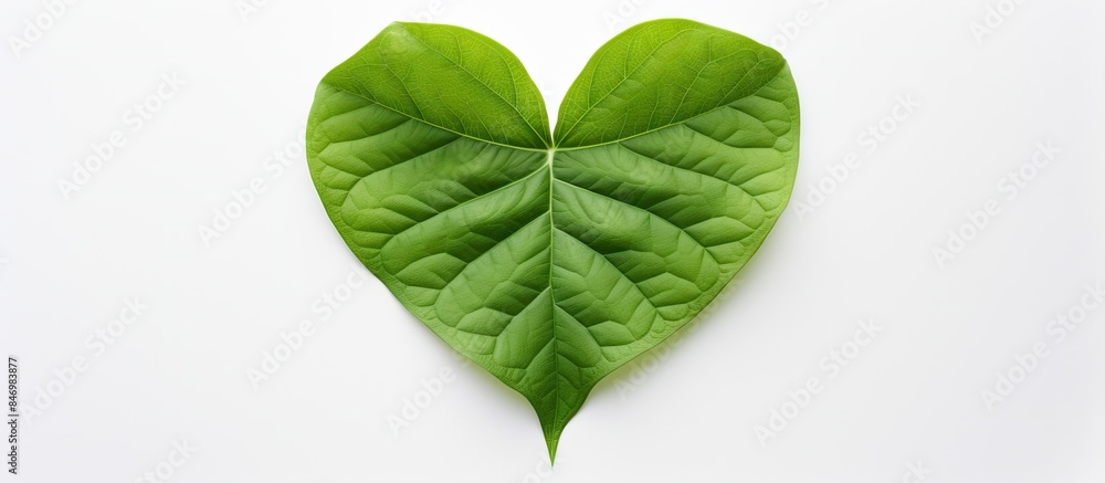 Poster Heart-shaped green leaf isolated on a white background, showcasing its unique form and vibrant color. with copy space image. Place for adding text or design