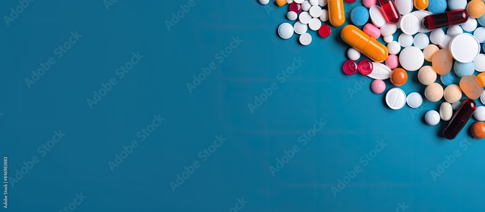 Poster Various pills and vitamins neatly arranged on a blue background, ready for consumption. with copy space image. Place for adding text or design