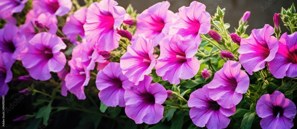 Poster cluster of vibrant purple flowers blossoming in a garden surrounded by fresh green leaves and foliag
