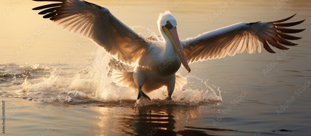 Poster pelican smoothly landing on water surface, wings spread out elegantly. with copy space image. place 