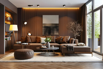Home interior living room in brown warm color