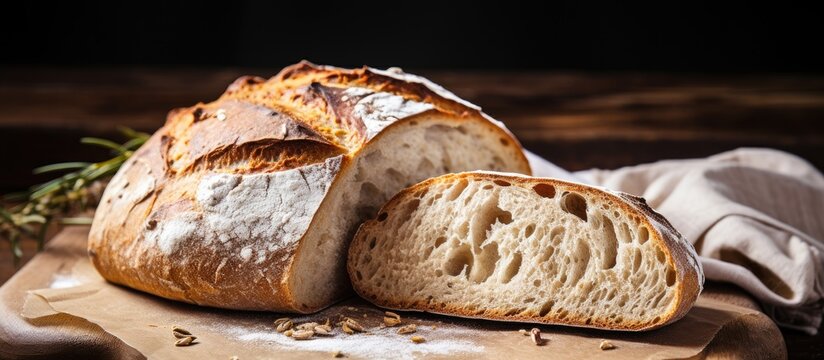 Freshly baked loaf of bread with a single piece cut out, showcasing its soft interior and crusty exterior. with copy space image. Place for adding text or design