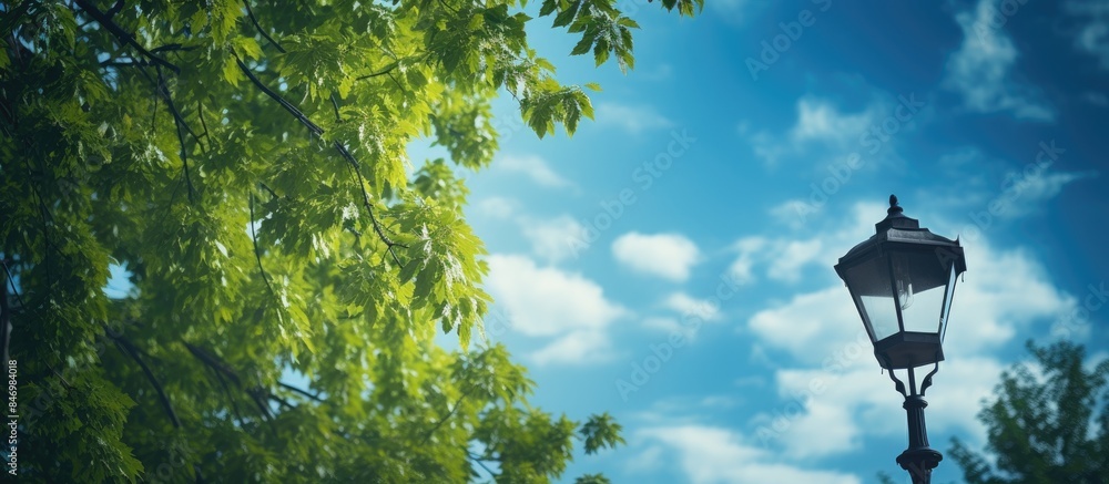 Leinwandbilder Close-up of a street light against a backdrop of a tree in the distance, looking up at the lamp pole surrounded by leaves against the sky. with copy space image. Place for adding text or design