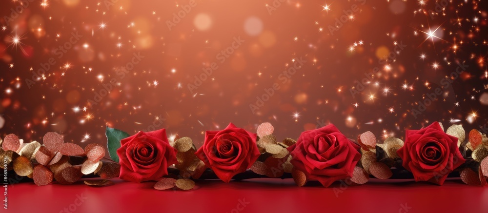 Leinwandbilder vibrant red roses arranged in a row on a deep red surface, creating a striking contrast. with copy s