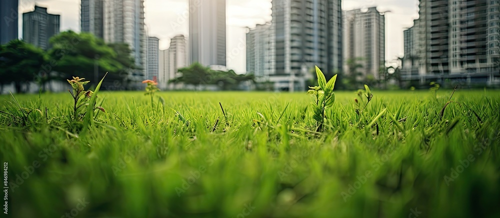 Poster urban landscape featuring tall skyscrapers in the background juxtaposed with a lush garden in the fo