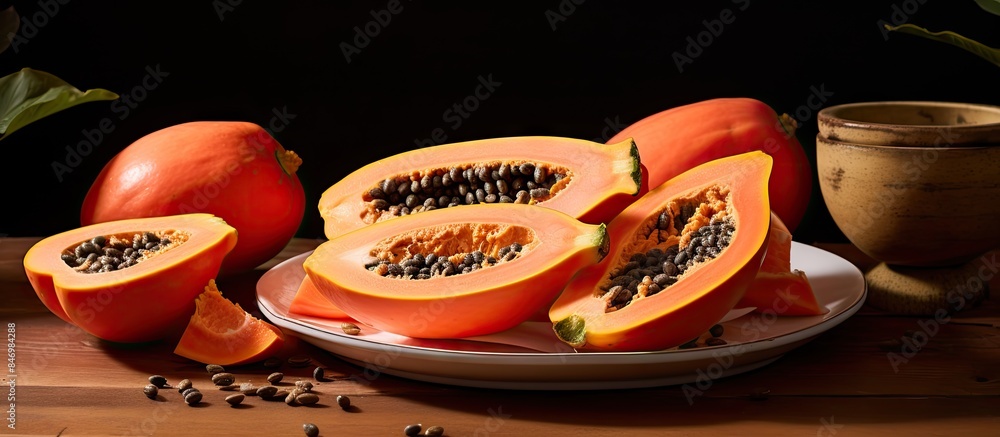 Aufkleber Papaya fruit slices with visible seeds displayed on a plate alongside a bowl of seeds on a wooden table. with copy space image. Place for adding text or design