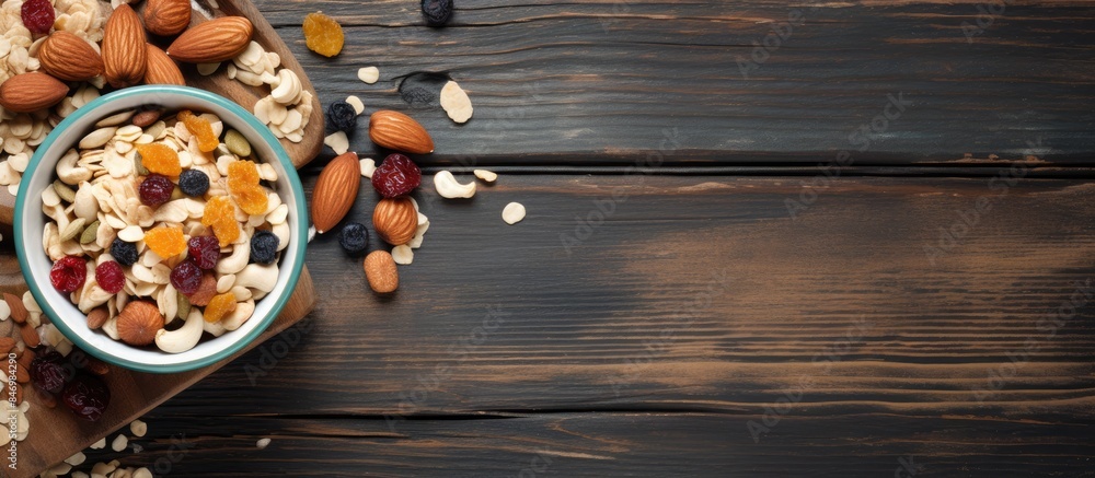 Fototapete Mix of assorted nuts and dried fruits in a bowl placed on a rustic wooden table, a wholesome snack. with copy space image. Place for adding text or design