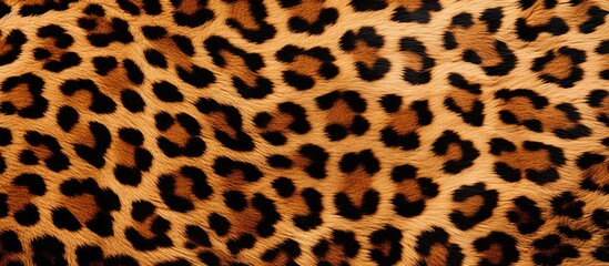 Fototapeta premium Detailed view of a fabric pattern with a striking black and brown leopard print design. with copy space image. Place for adding text or design